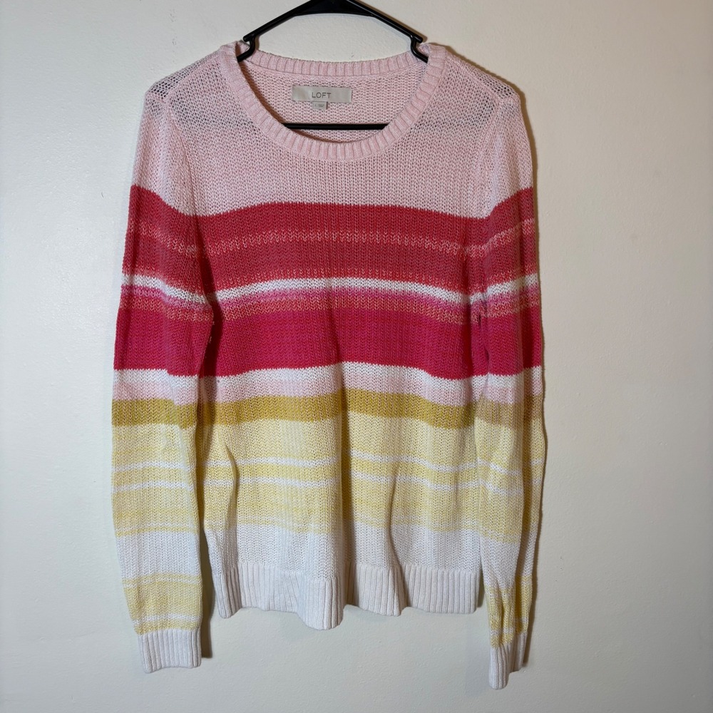 LOFT Women's Striped Sweater Pink Red Yellow White Cotton Blend Size Large